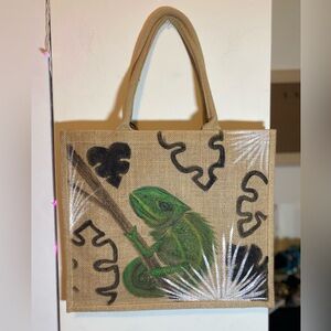 Hand Painted Tropical Chameleon Burlap Tote Bag NEW with Palm Fronds & Monsteras